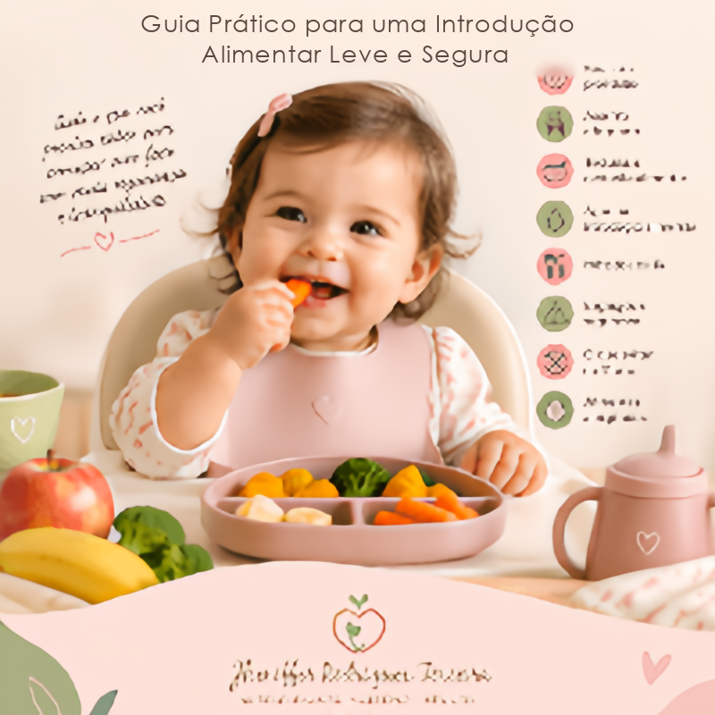 Capa do e-book Primeiros Sabores: Guia Prático para uma Introdução Alimentar Leve e Segura, com um bebê sorrindo diante de um prato com legumes